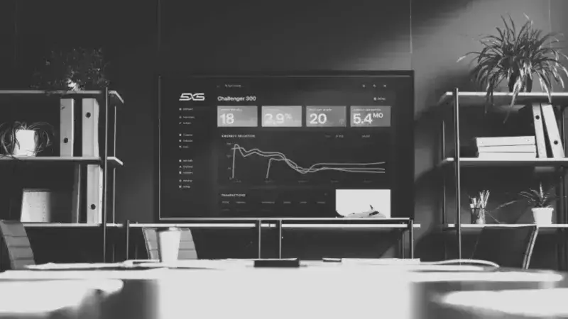Desktop computer sitting on a table displaying a market analysis.